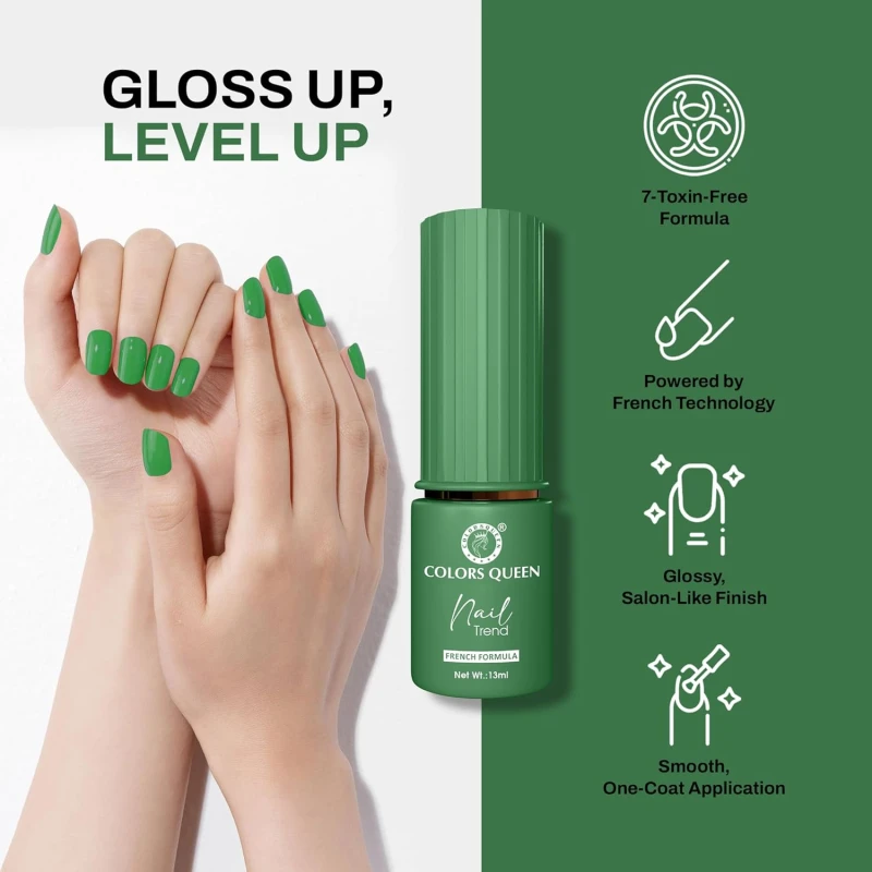 Colors Queen Nail Trend Glossy Nail Polish | Chip Resisting & Quick Drying Nail Paint with High Shine | 7 Toxin Free Formula | Vegan & Cruelty Free | Long Lasting & Vibrant Nail Paint for Women ( Kombu Green, 13ml) - Thumbnail 3